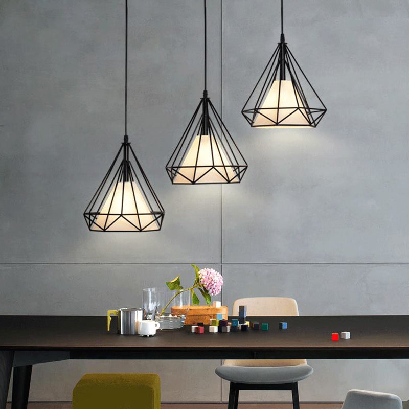 3 Lights Diamond Cage Pendant Industrial Iron Ceiling Pendant with Hanging Cord for Bar