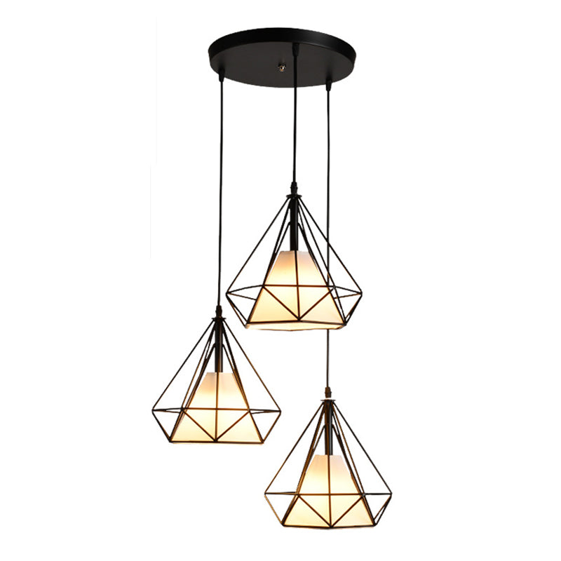 3 Lights Diamond Cage Pendant Industrial Iron Ceiling Pendant with Hanging Cord for Bar