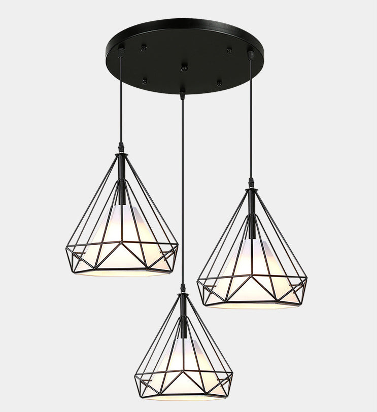 3 Lights Diamond Cage Pendant Industrial Iron Ceiling Pendant with Hanging Cord for Bar