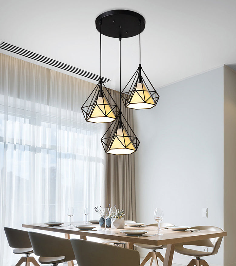 3 Lights Diamond Cage Pendant Industrial Iron Ceiling Pendant with Hanging Cord for Bar