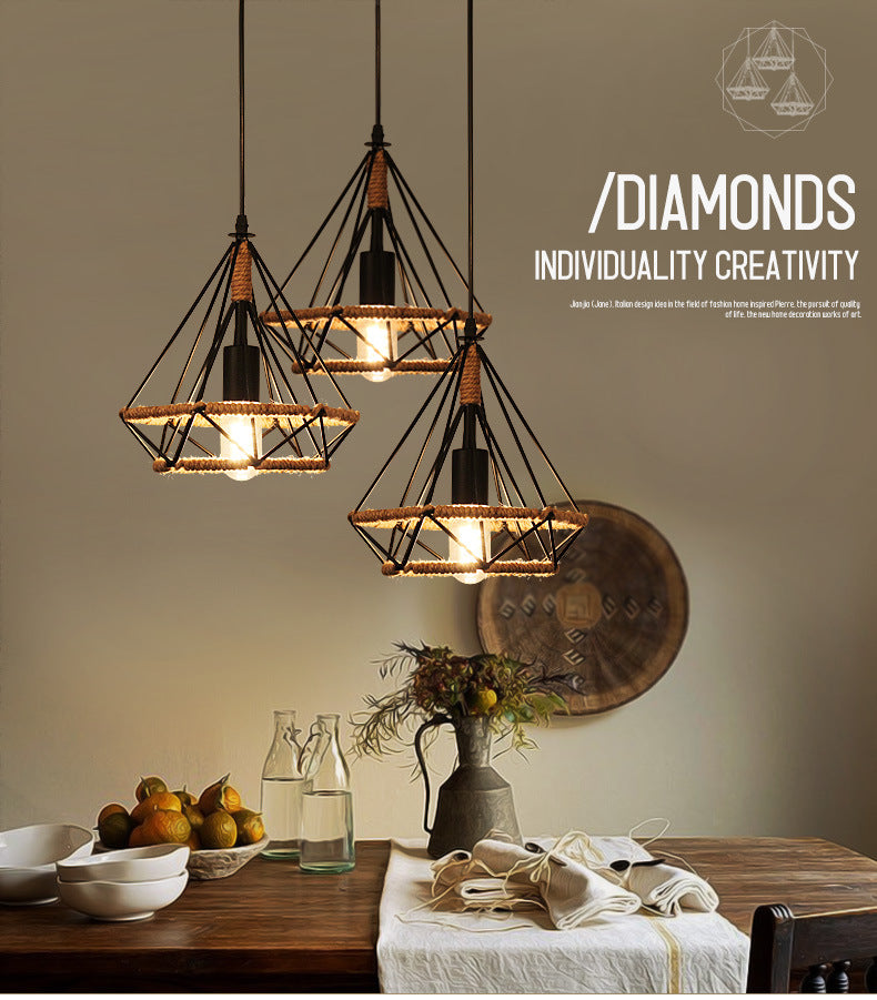 1 Light Diamond Cage Hanging Ceiling Lights Creative Industrial Metal Pendant Light Fixtures for Restaurant