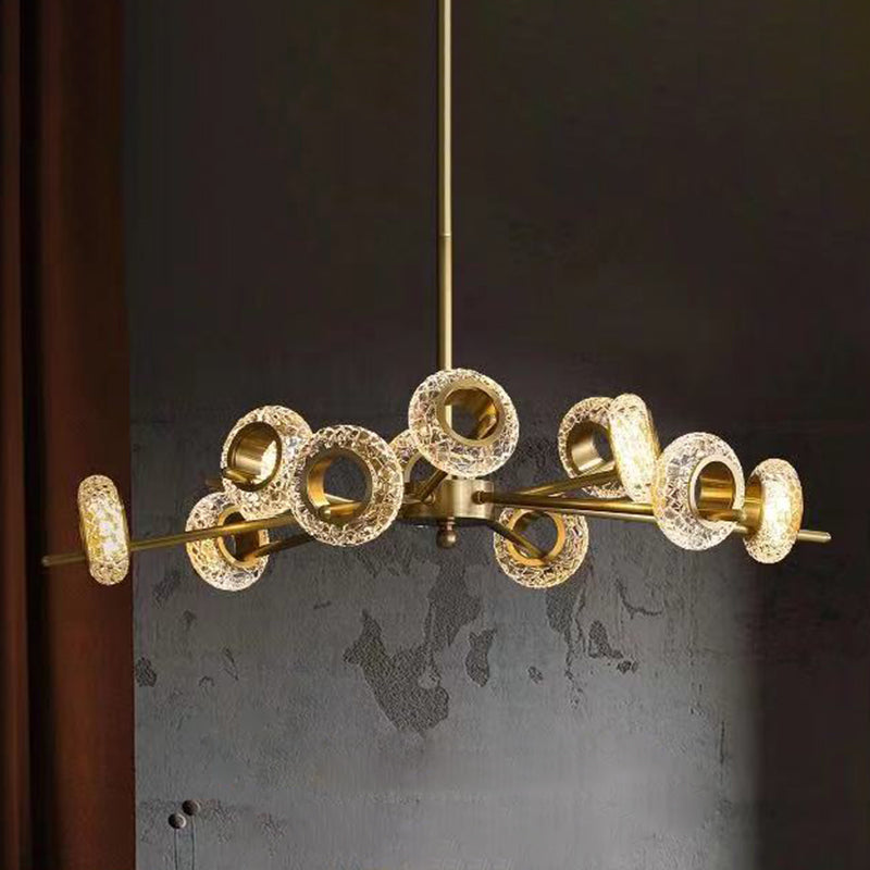 Crackled Crystal Glass Rings Pending Lighting Postmodern Brass Finish Chandelier For Diner