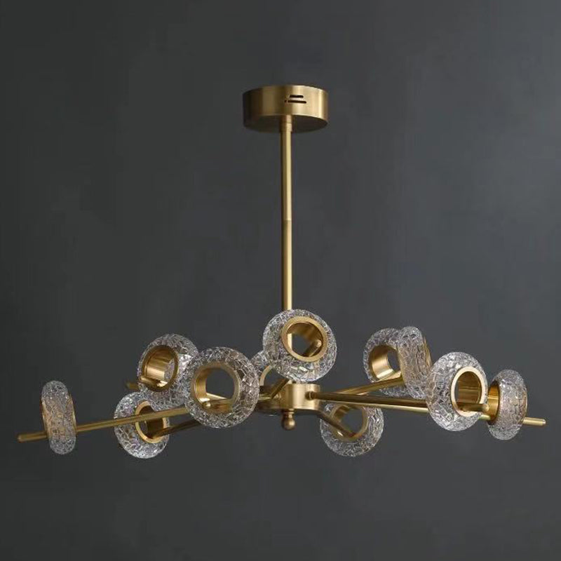 Crackled Crystal Glass Rings Pending Lighting Postmodern Brass Finish Chandelier For Diner