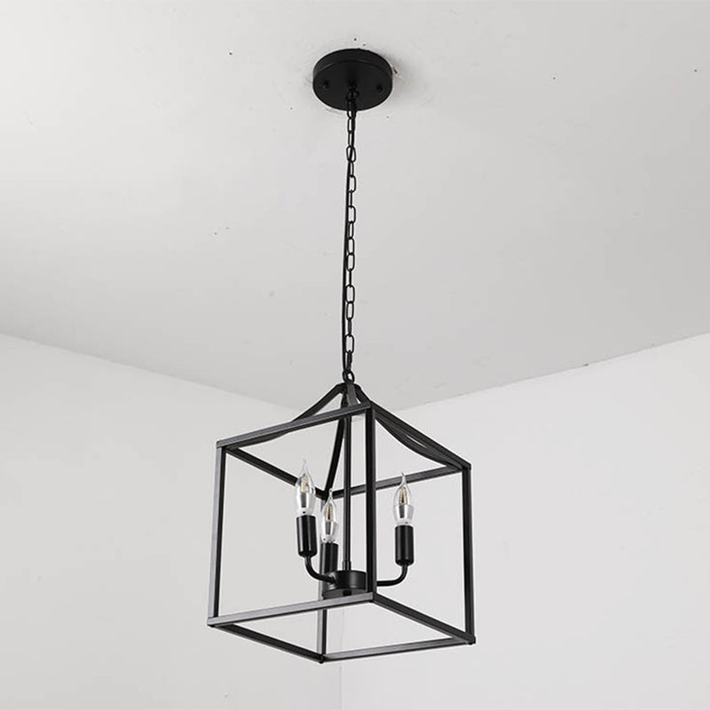 Black 3 Lights Pendant Lighting Retro Square Cage Metal Chandelier Lamp for Diner