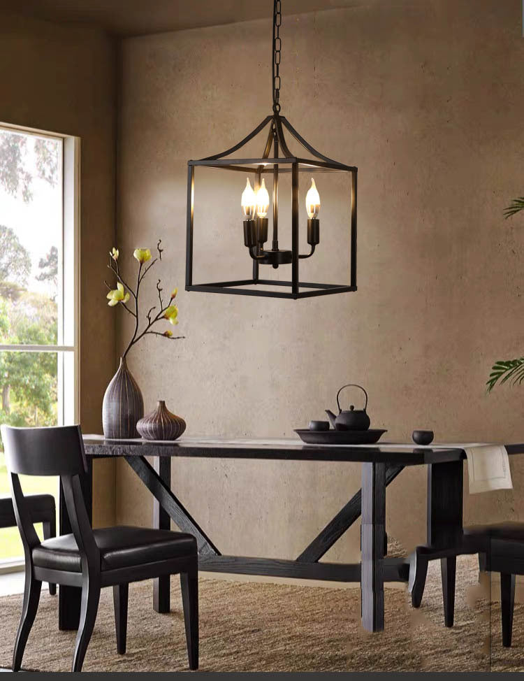 Black 3 Lights Pendant Lighting Retro Square Cage Metal Chandelier Lamp for Diner