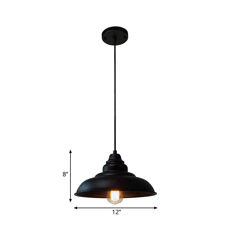 1 Light Dining Room Suspension Light Industrial Style Black Hanging Lighting with Bowl Metallic Shade