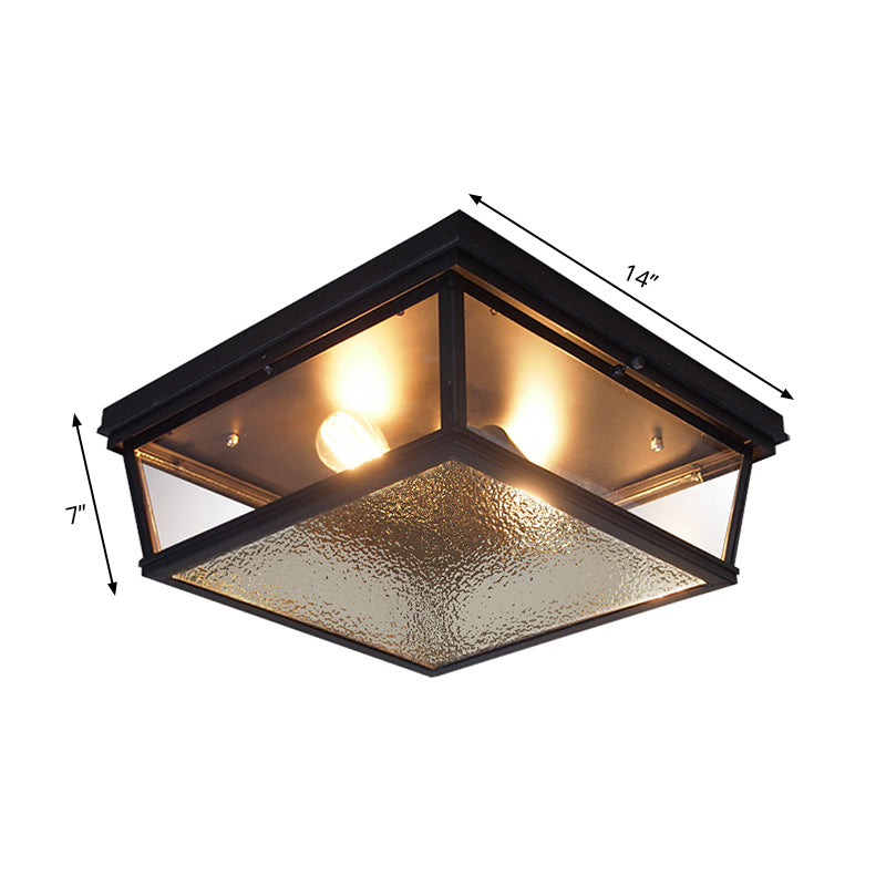 Industrial Squared Flush Ceiling Fixture Frosted Glass 2 Lights Corridor Flushmount Lamp in Black