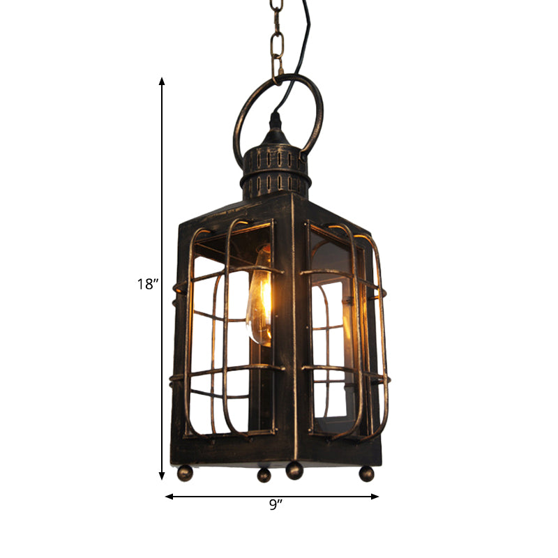 Traditional Lantern Hanging Ceiling Light 1 Light Metal Pendant Lamp in Rust for Indoor