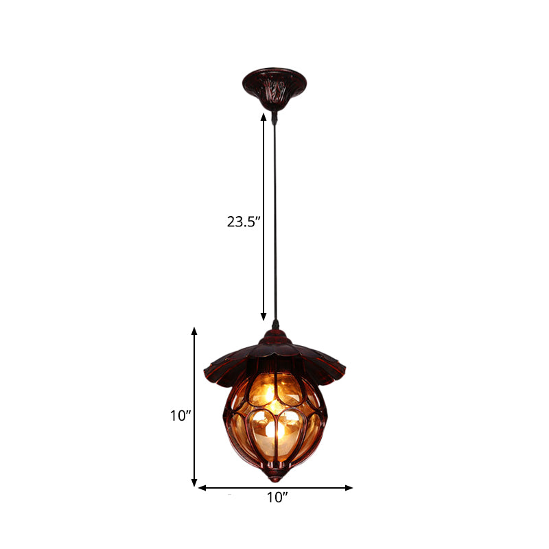 Farmhouse Globe Pendelleuchte 1 Leichte Bernstein -Glas -Federlampe in Kupfer mit überbrochener Deko