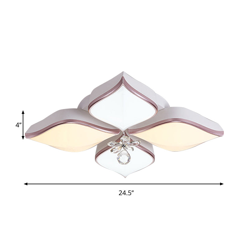 Plafonnier LED moderne en forme de pétale blanc, 24,5/25,5 pouces, en acrylique, avec accents de cristal transparent, lumière chaude/blanche