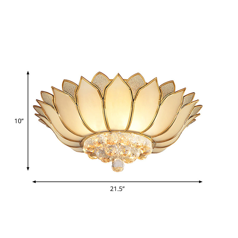 Golden Lotus Flush Mount Light Traditional 4/6 Lights Glass Ceiling Lamp with Crystal Drop