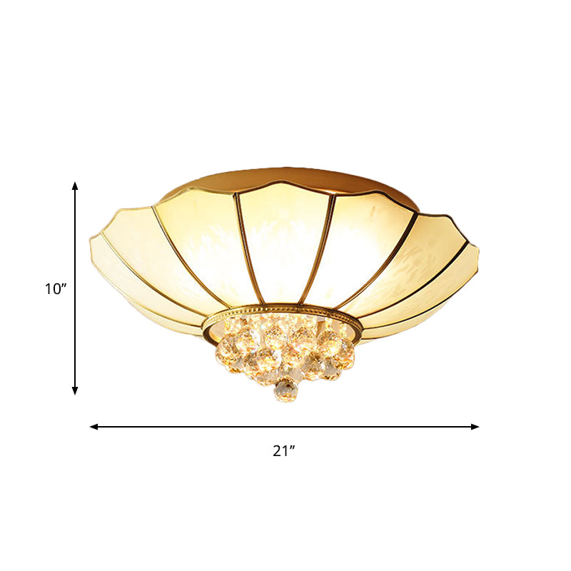 White Flared Ceiling Flush Mount Contemporary 4/6-Light Ribbed Glass Flushmount Lighting with Crystal Finial