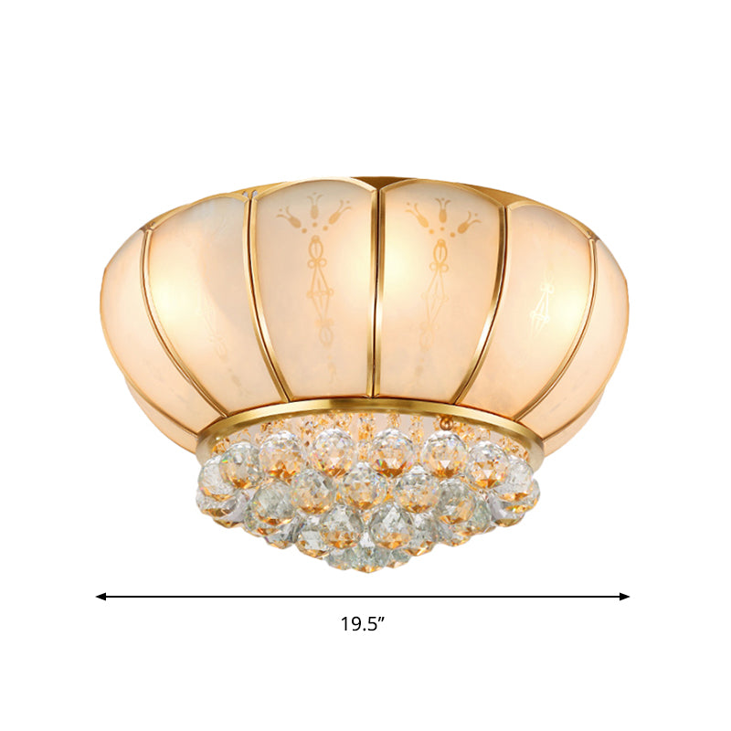 Traditional Bowl Shape Glass Flush Lamp 6 Lights White Ceiling Light Fixture with Crystal Ball