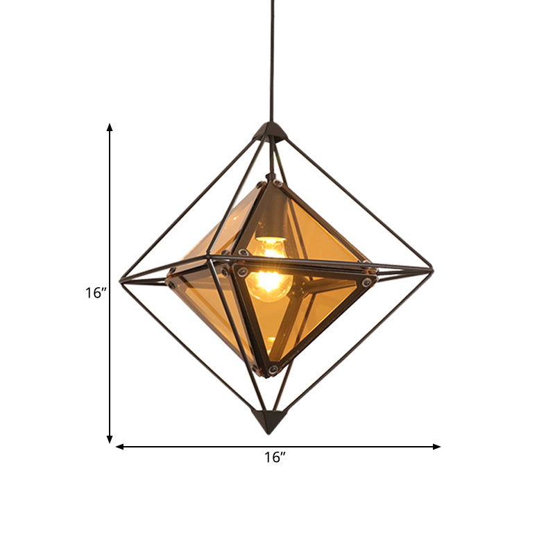Schwarz/Gold/Bernsteinglas 1-Licht-Tropfen Anhänger kolonialer Diamantform Deckenleuchte mit außen Eisenrahmen