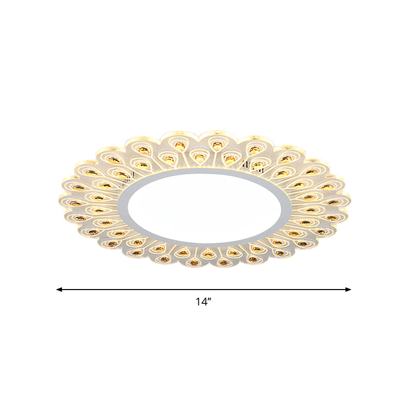 Runde Deckenleuchte aus klarem Kristall, moderne weiße LED-Einbauleuchte mit Pfauenschwanz-Design in warmem/weißem Licht, 14"/19,5" B