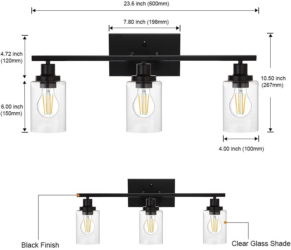 Luz de pared de tocador de cilindros de 3 luces Luz de tocador de vidrio de estilo industrial retro