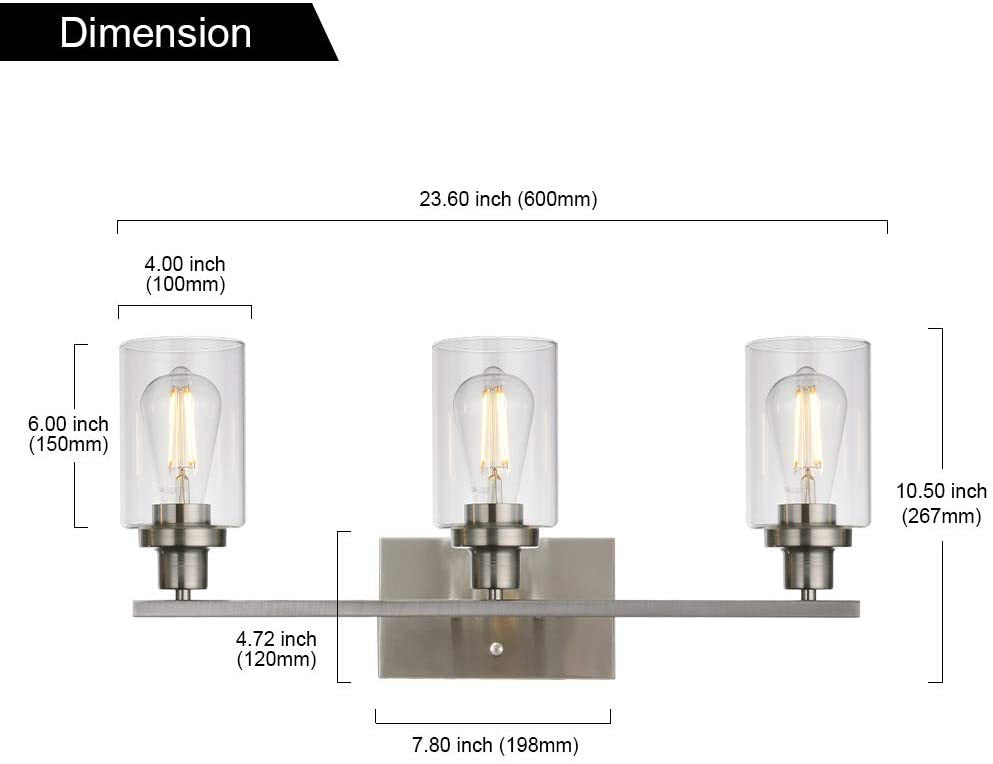 Luz de pared de tocador de cilindros de 3 luces Luz de tocador de vidrio de estilo industrial retro