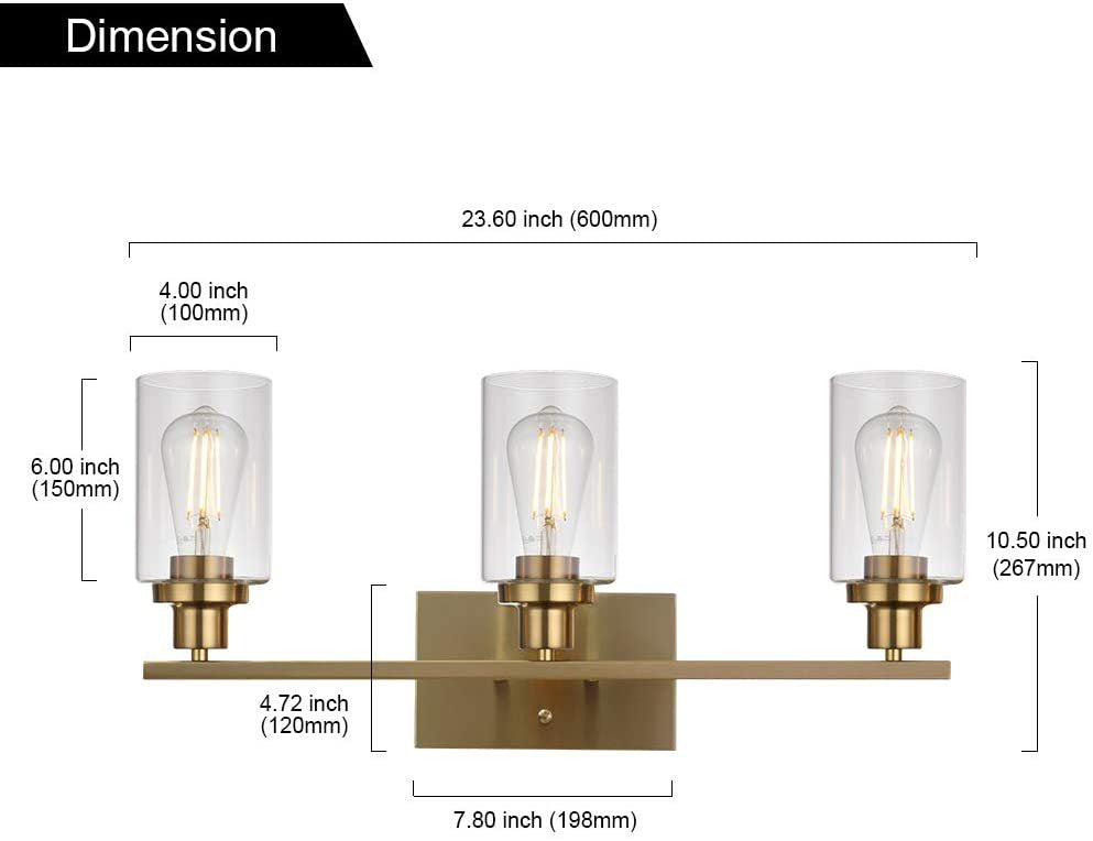 Luz de pared de tocador de cilindros de 3 luces Luz de tocador de vidrio de estilo industrial retro