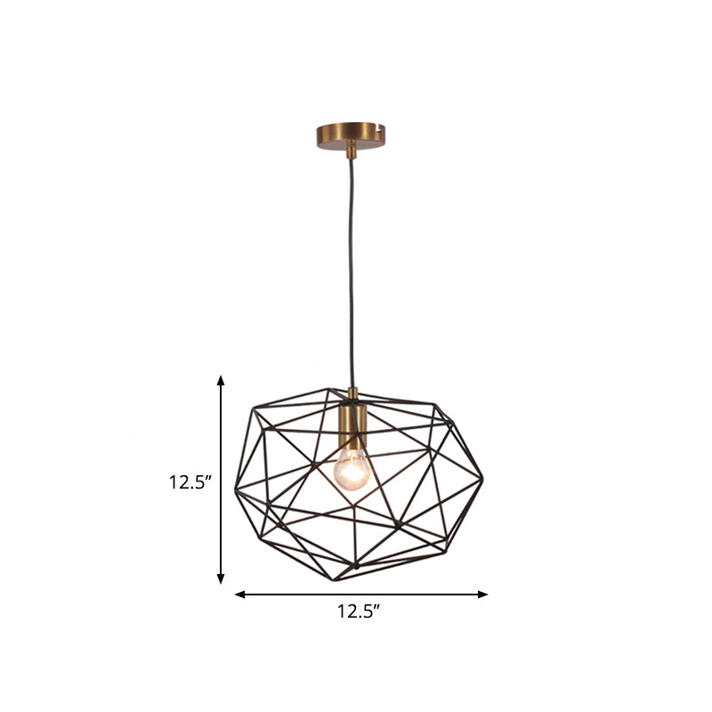 Black Wire Cage Pendant Lamp Vintage Style 1 Light Metallic Hanging Light Fixture for Dining Room, 12.5"/15" Width