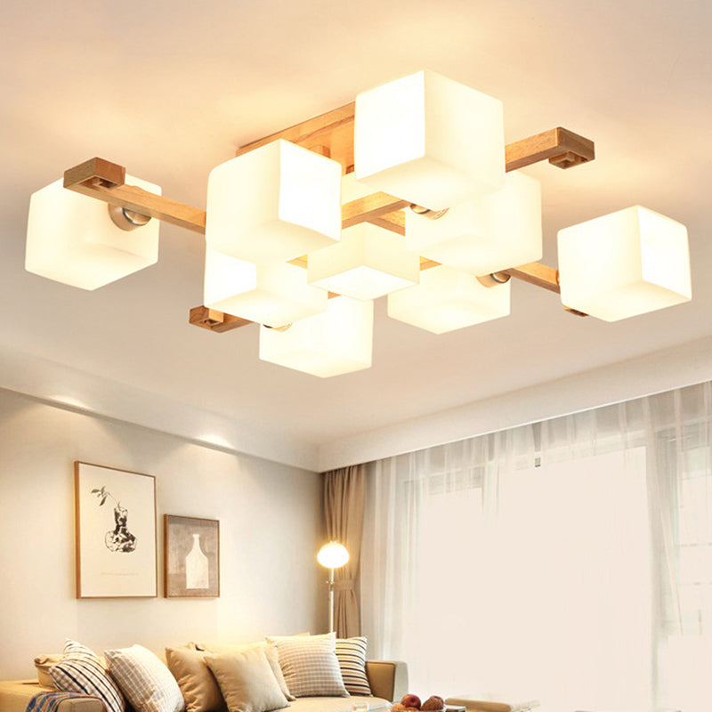 Modern Natural Wood Semi Flush Mount Light Fixture rechthoek Glazen schaduw Semi Flush voor woonkamer