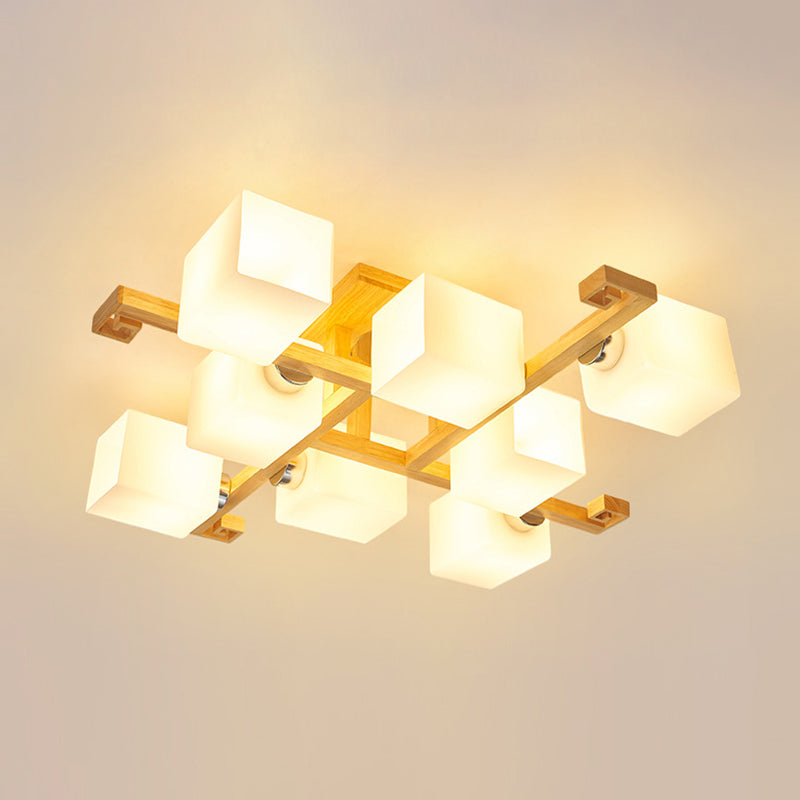 Modern Natural Wood Semi Flush Mount Light Fixture rechthoek Glazen schaduw Semi Flush voor woonkamer