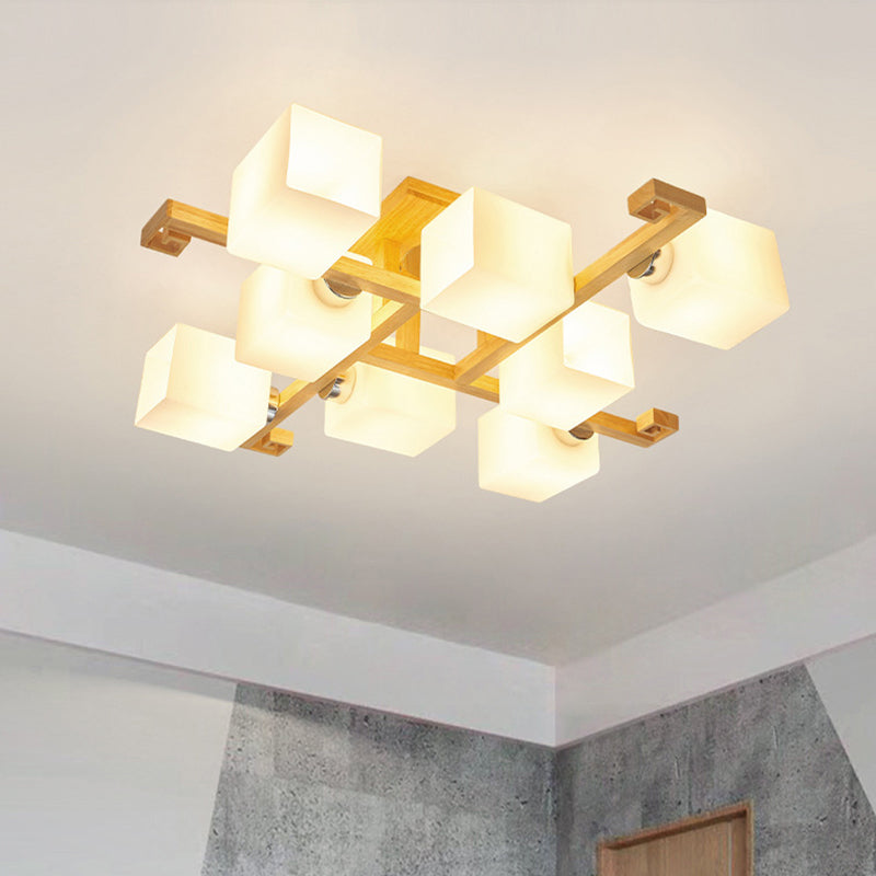 Modern Natural Wood Semi Flush Mount Light Fixture rechthoek Glazen schaduw Semi Flush voor woonkamer