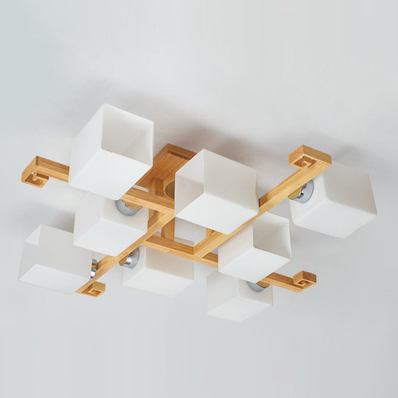 Modern Natural Wood Semi Flush Mount Light Fixture rechthoek Glazen schaduw Semi Flush voor woonkamer