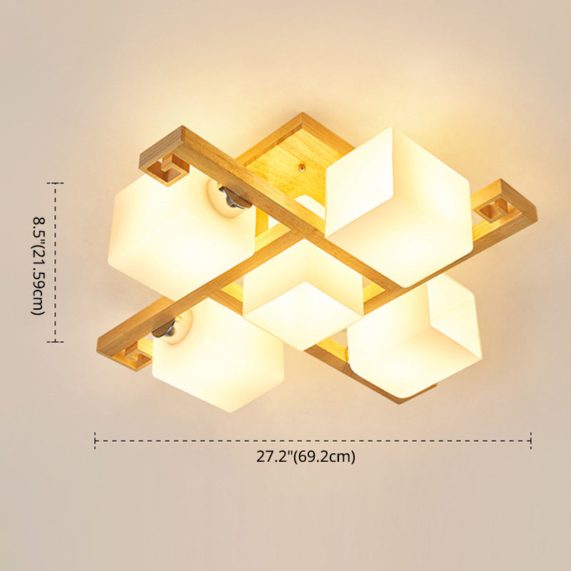 Modernes Naturholz halb Flush Mount Leuchte Rechteckglas Schatten Halbflush für Wohnzimmer