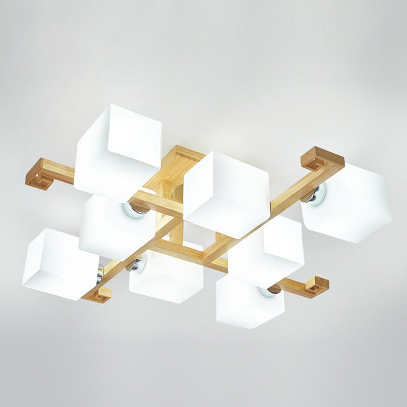 Modern Natural Wood Semi Flush Mount Light Fixture rechthoek Glazen schaduw Semi Flush voor woonkamer