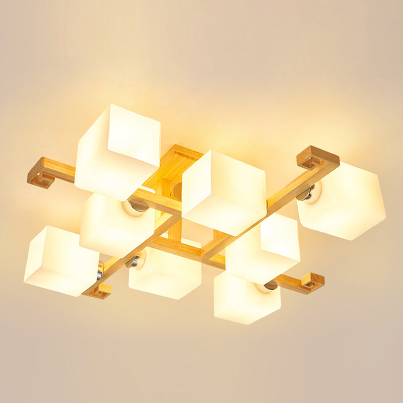 Modern Natural Wood Semi Flush Mount Light Fixture rechthoek Glazen schaduw Semi Flush voor woonkamer