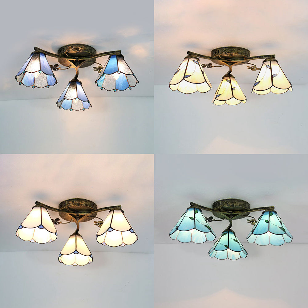 Tiffany Style Conic Shade Flushmount Light Stained Glass 3 Lights Flushmount Ceiling Light in White/Clear/Blue/Beige