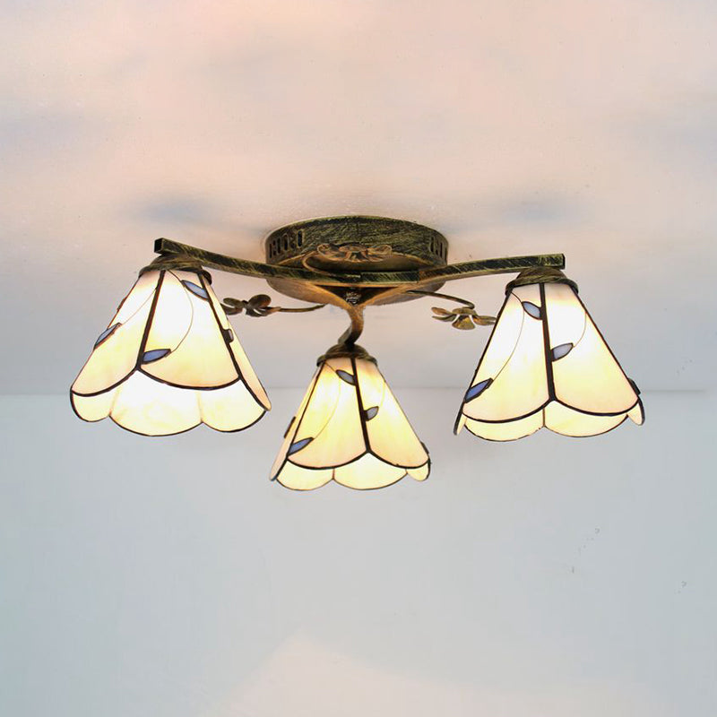 Tiffany Style Conic Shade Flushmount Light Stained Glass 3 Lights Flushmount Ceiling Light in White/Clear/Blue/Beige