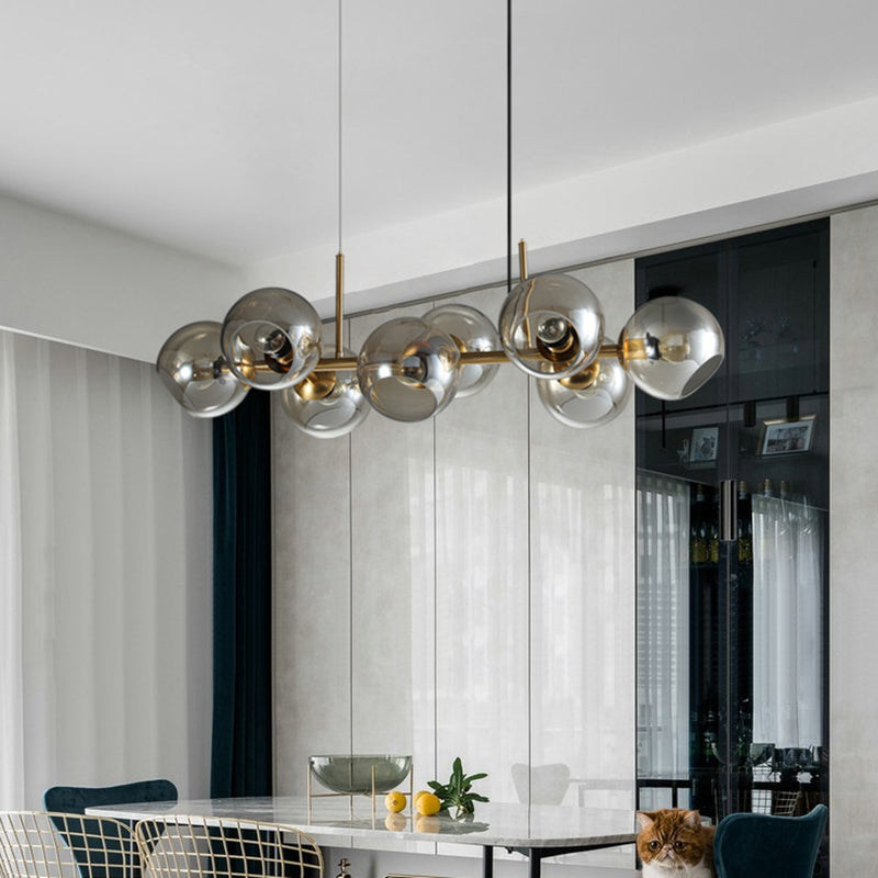 8 Light Mid-Century Gold Metal Island Pendant Lighting Spherical Glass Island Ceiling Light for Dining Table