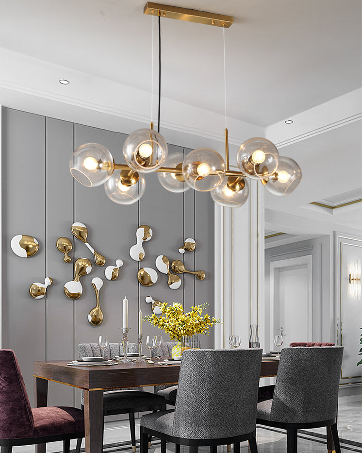 8 Light Mid-Century Gold Metal Island Pendants Lighting Light Spherical Glass Island Plafond Light for Dining Table