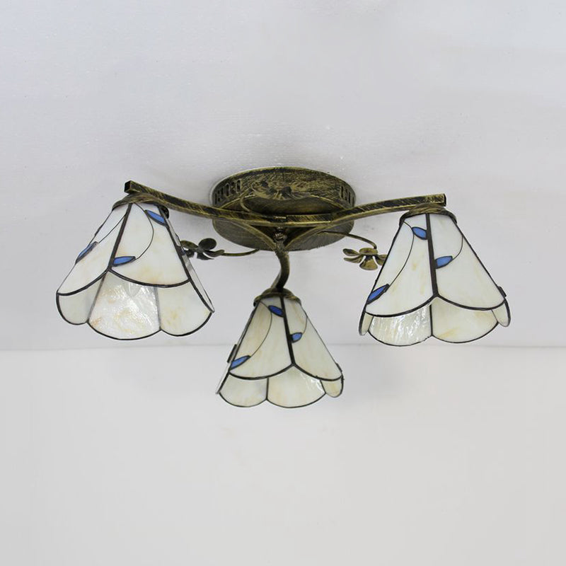 Ombra conica in stile Tiffany con lampada a filo vetrate 3 luci a fiuto a fiuto a fiuto in bianco/trasparente/blu/beige