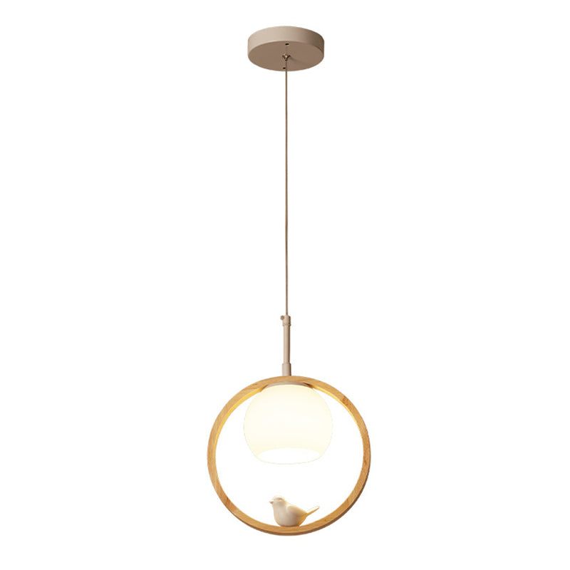 1 pendentif léger léger contemporain rond en bois naturel de chambre à coucher lampe suspendue avec petit oiseau