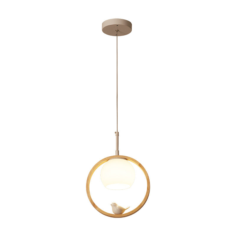 1 pendentif léger léger contemporain rond en bois naturel de chambre à coucher lampe suspendue avec petit oiseau