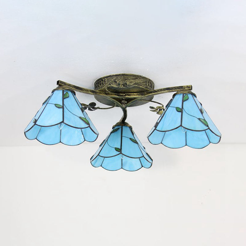 Ombra conica in stile Tiffany con lampada a filo vetrate 3 luci a fiuto a fiuto a fiuto in bianco/trasparente/blu/beige