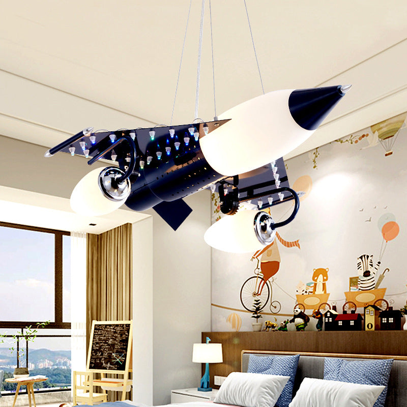 Modern Blue Creative Pendant Light Cartoon Warplane 3 Light Hanging Lamp for Children Bedroom