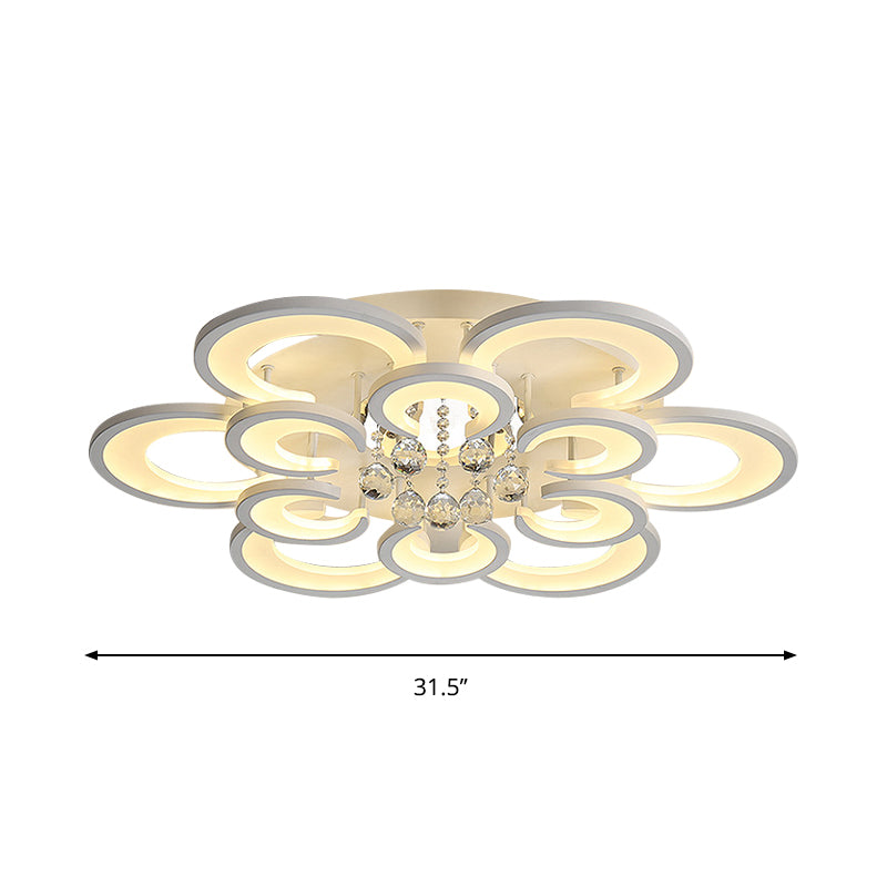 Acryl-Blumen-Design-Unterputzlampe, moderne 27"/31,5" W LED-Deckeneinbauleuchte in Weiß mit klarer Kristallkugel, warmes/weißes Licht