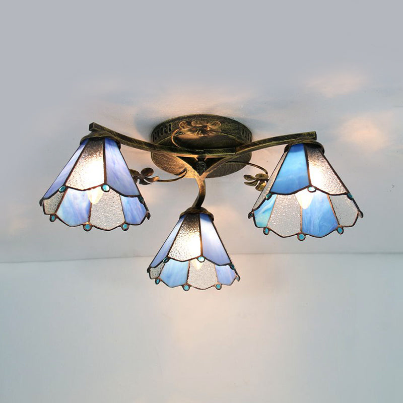 Ombra conica in stile Tiffany con lampada a filo vetrate 3 luci a fiuto a fiuto a fiuto in bianco/trasparente/blu/beige