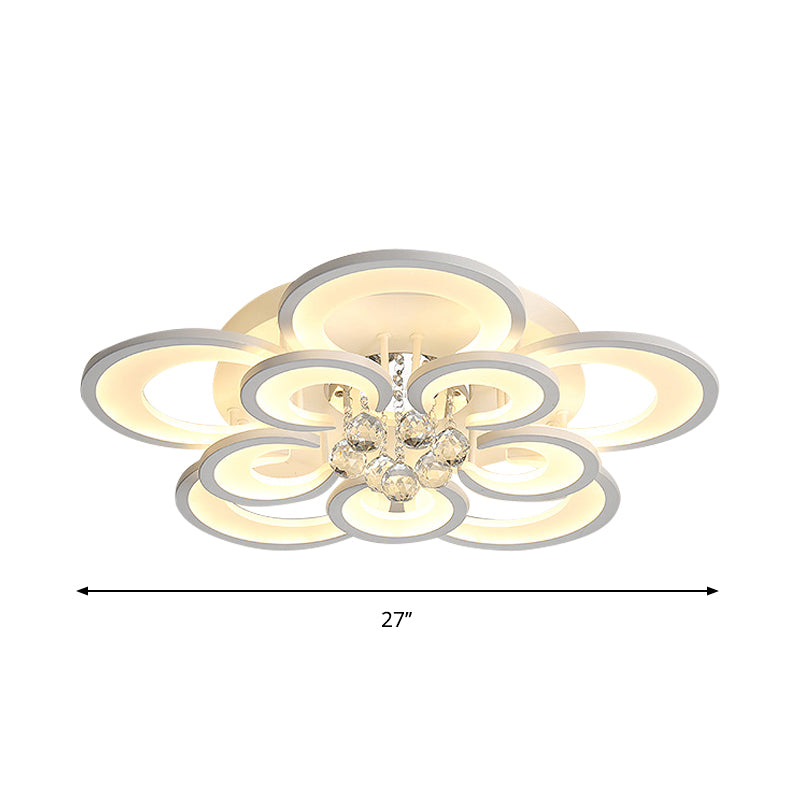 Acryl-Blumen-Design-Unterputzlampe, moderne 27"/31,5" W LED-Deckeneinbauleuchte in Weiß mit klarer Kristallkugel, warmes/weißes Licht