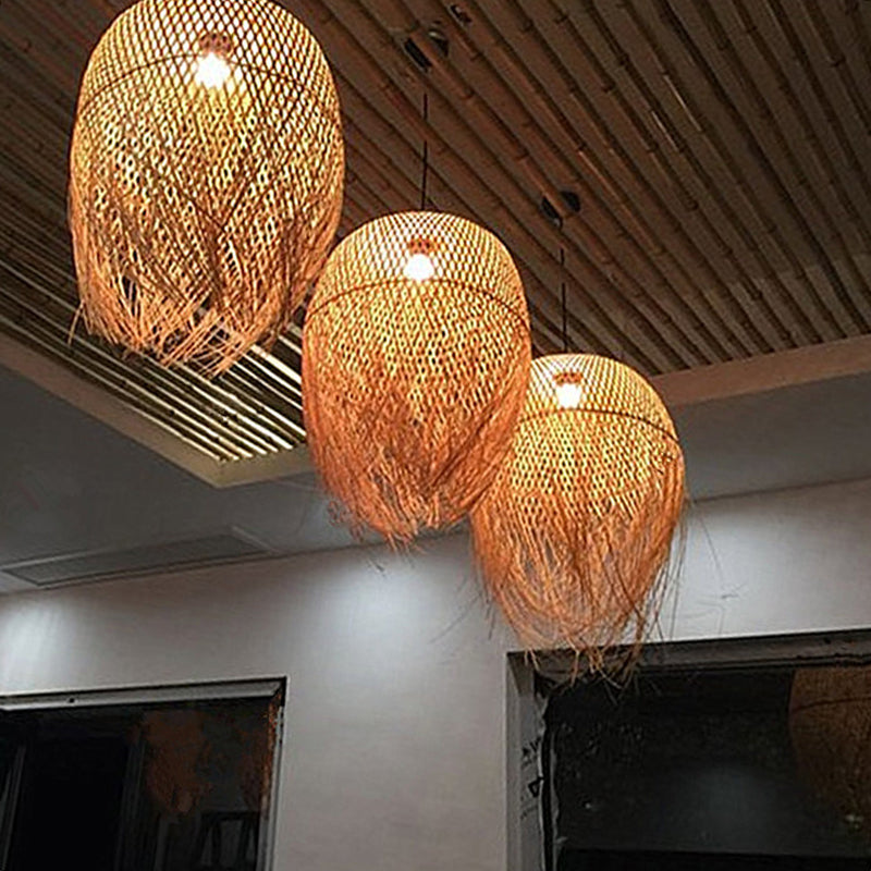 Beige Hand-Worked Pendant Chinese Style 1 Bulb Bamboo Hanging Light for Dining Table