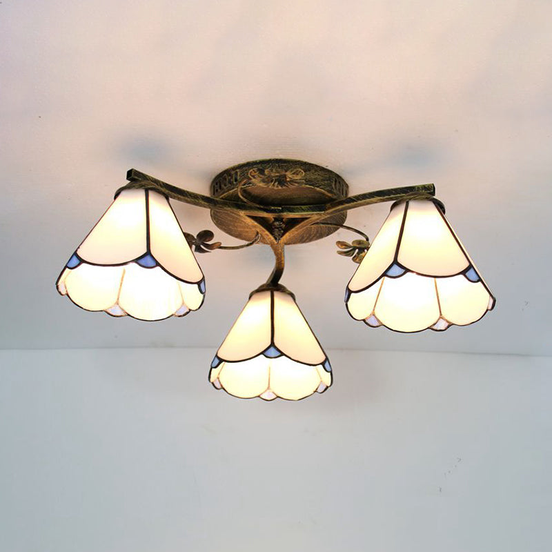 Tiffany Style Conic Shade Flushmount Light Stained Glass 3 Lights Flushmount Ceiling Light in White/Clear/Blue/Beige