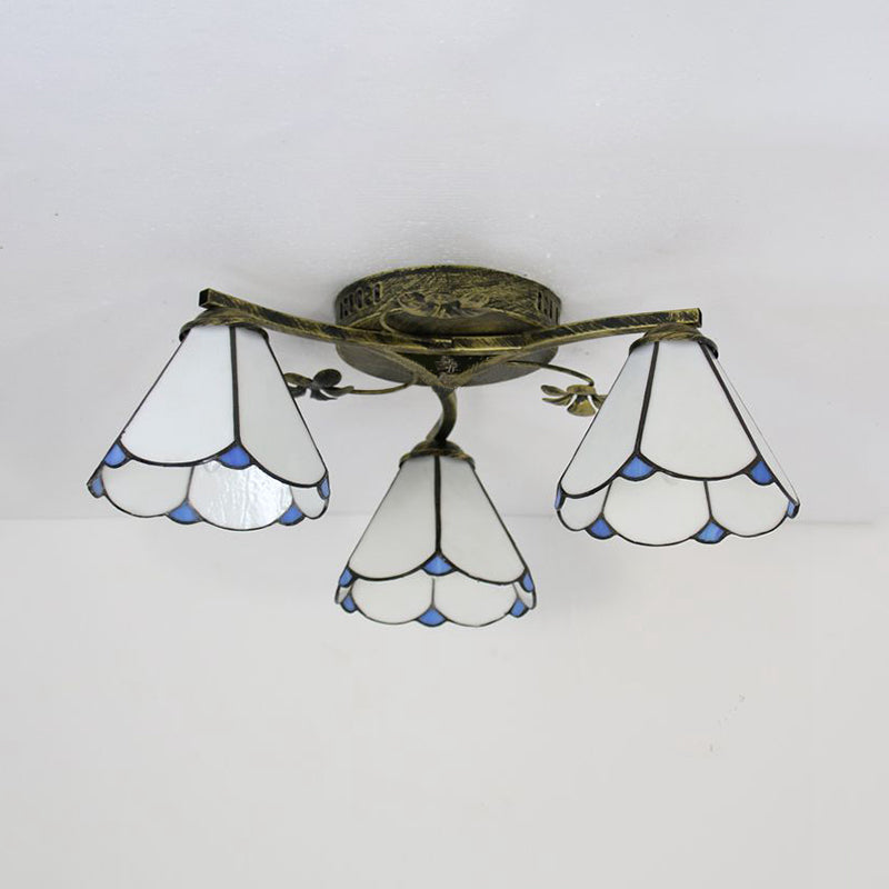 Ombra conica in stile Tiffany con lampada a filo vetrate 3 luci a fiuto a fiuto a fiuto in bianco/trasparente/blu/beige