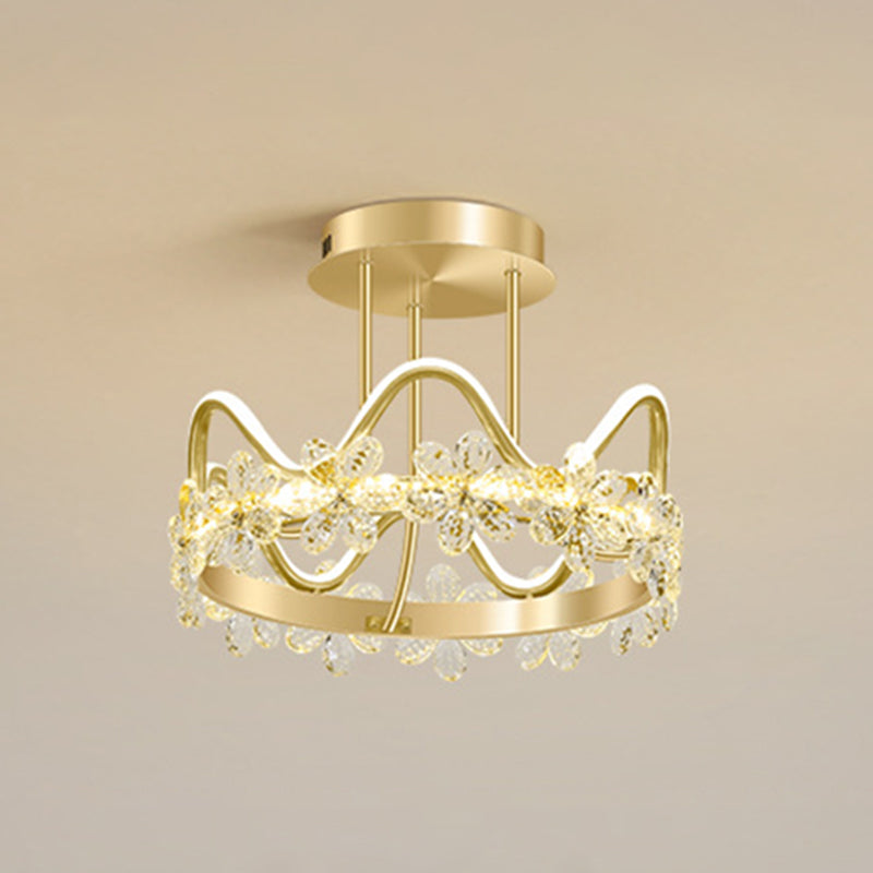 Gold Circular LED Ceiling Fixture Minimalist Flower Crystal Semi Flush Mount Light for Bedroom