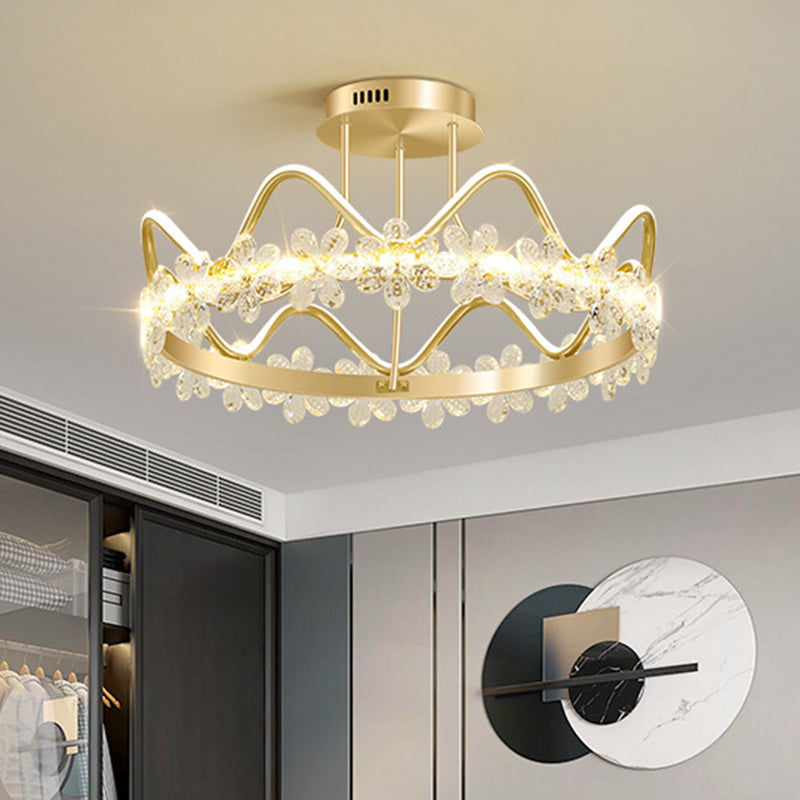 Gold Circular LED Ceiling Fixture Minimalist Flower Crystal Semi Flush Mount Light for Bedroom