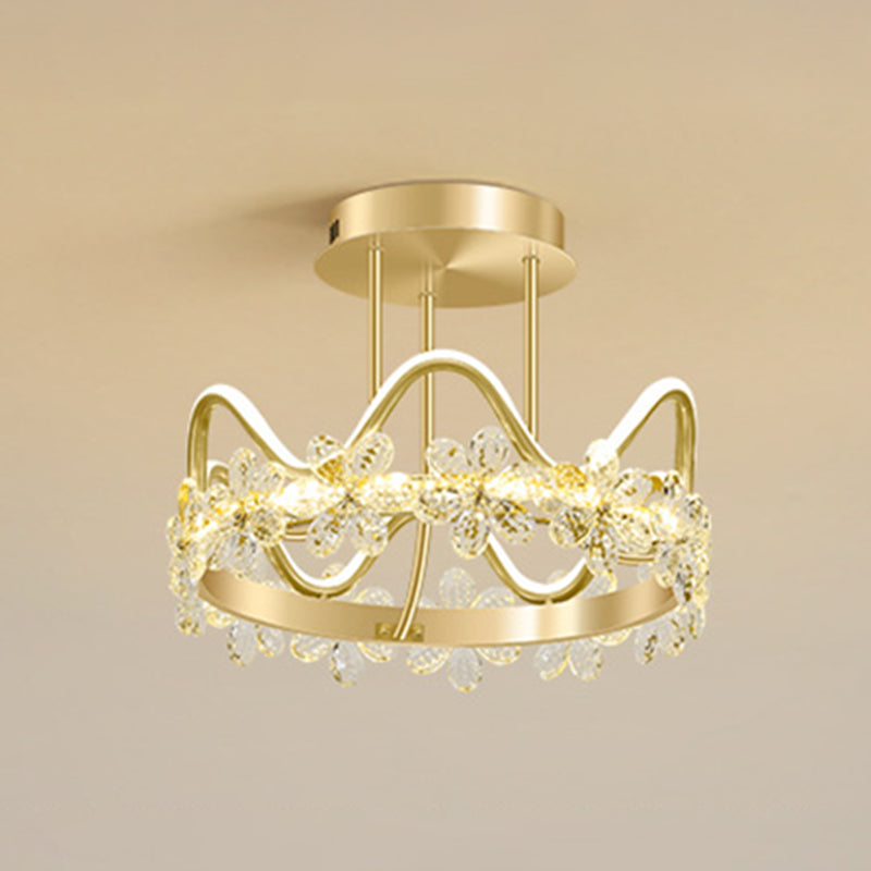 Gold Circular LED Ceiling Fixture Minimalist Flower Crystal Semi Flush Mount Light for Bedroom