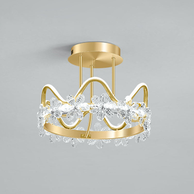 Gold Circular LED Ceiling Fixture Minimalist Flower Crystal Semi Flush Mount Light for Bedroom