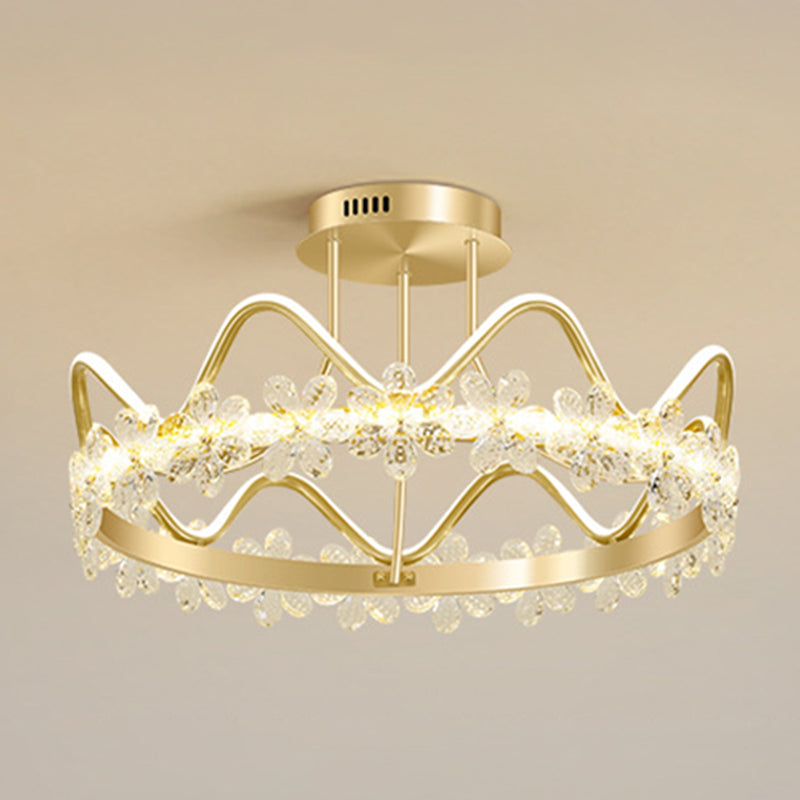 Gold Circular LED Ceiling Fixture Minimalist Flower Crystal Semi Flush Mount Light for Bedroom